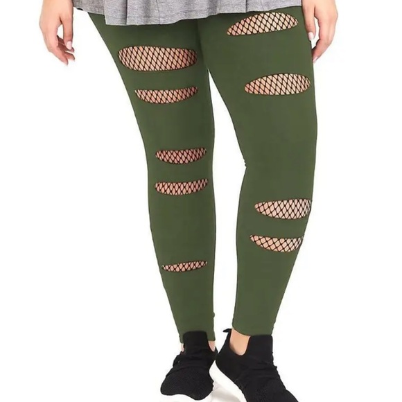 torrid Pants - Olive Green Distressed Fishnet Panel Leggings - Women